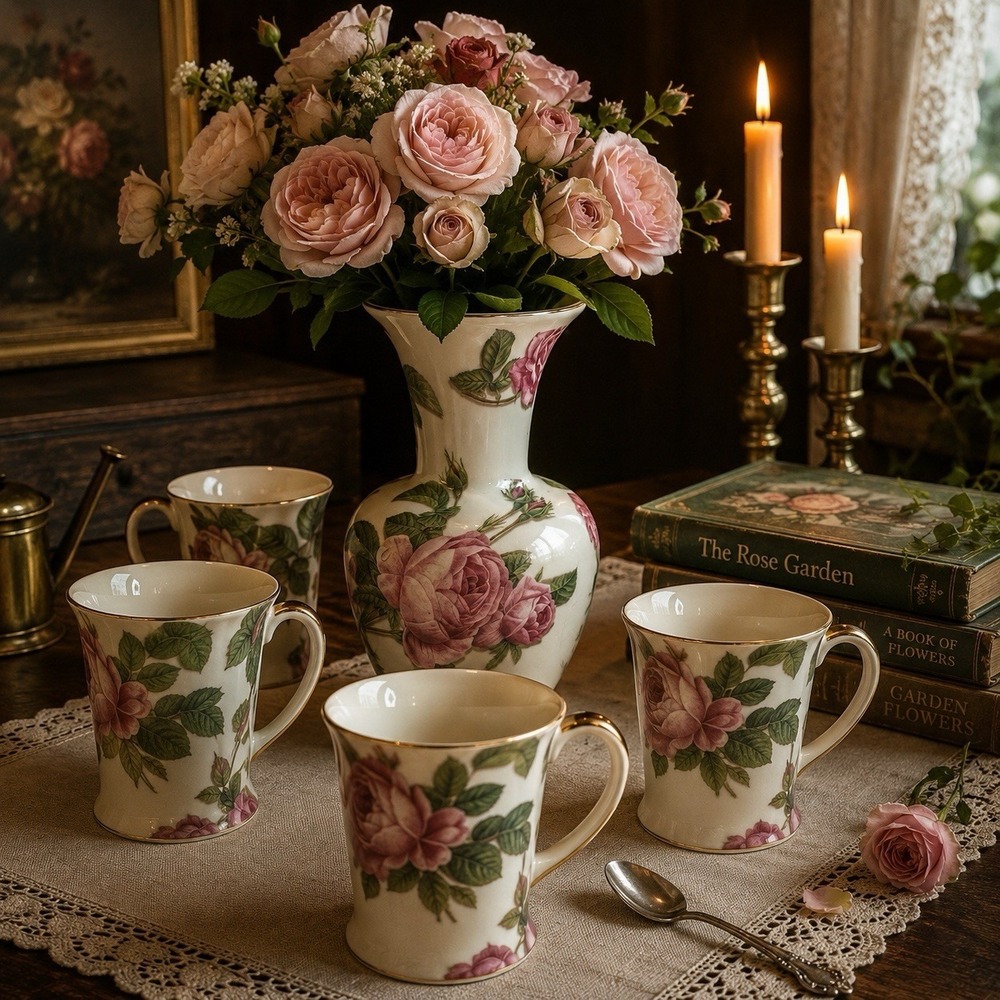 Rose Floral Vase & 4 Coffee Mug Set Burton & Burton Fib Pink Roses Gold Trim